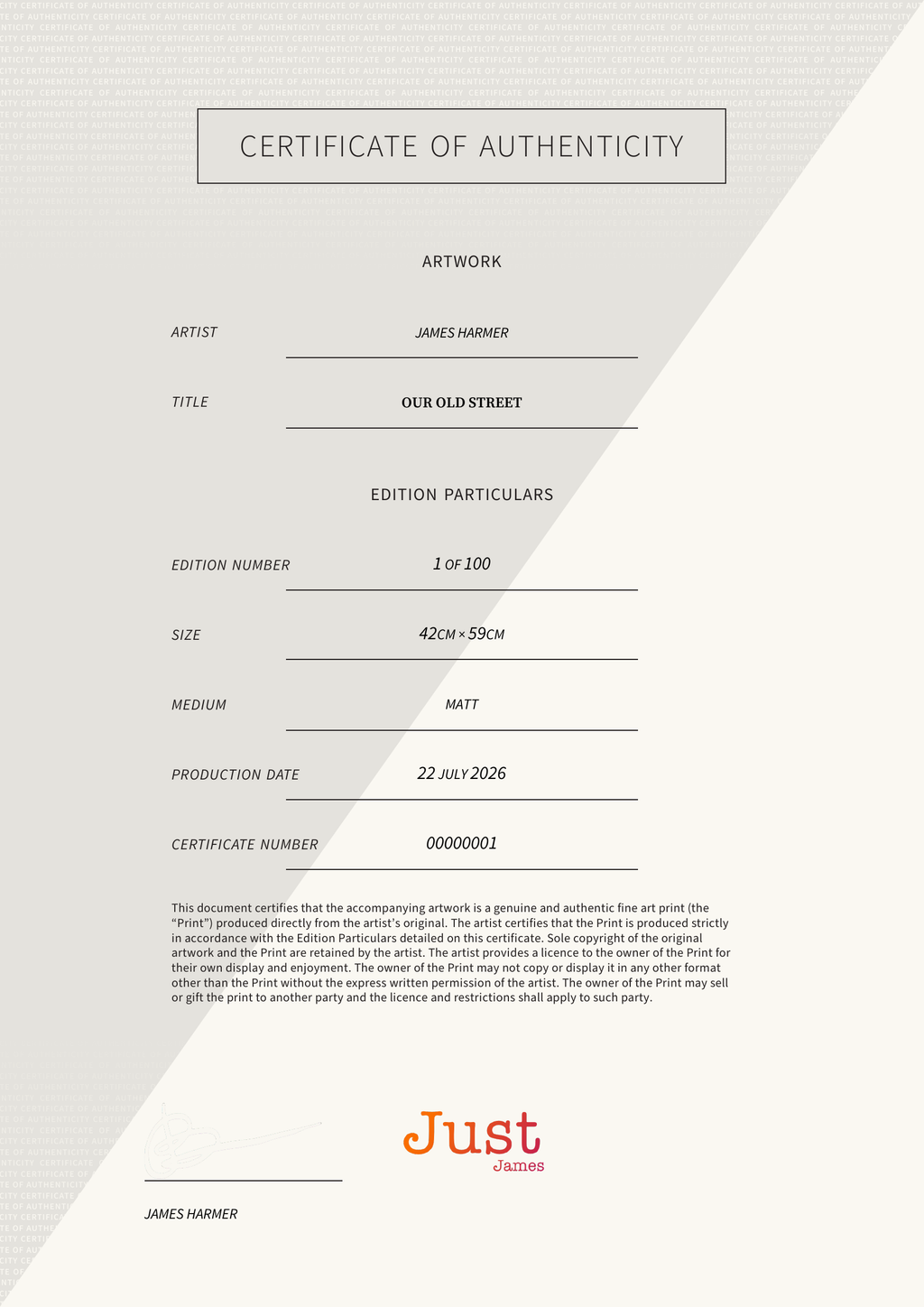 Our Old Street — Certificate of Authenticity
