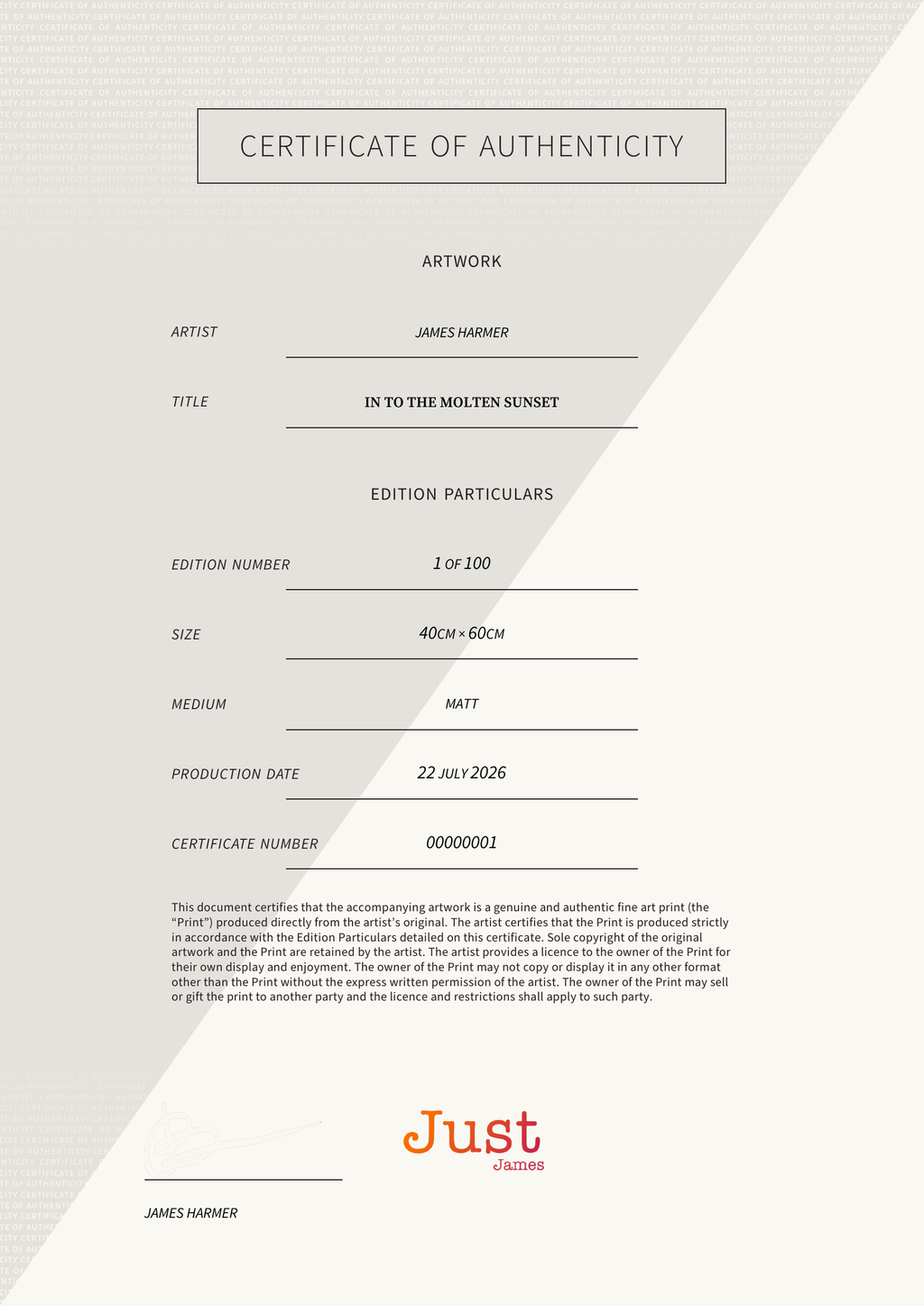In To The Molten Sunset — Certificate of Authenticity