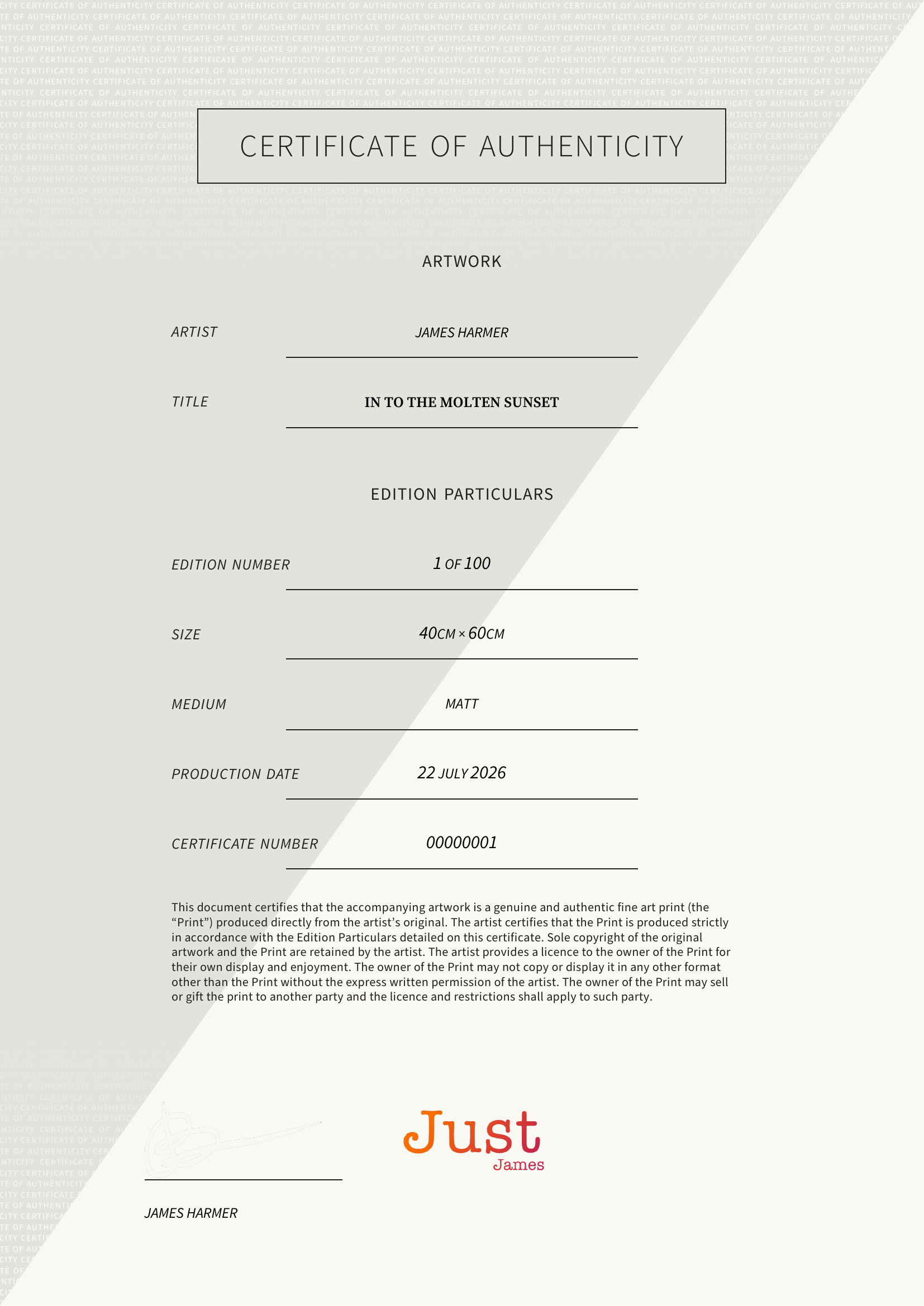 In To The Molten Sunset — Certificate of Authenticity